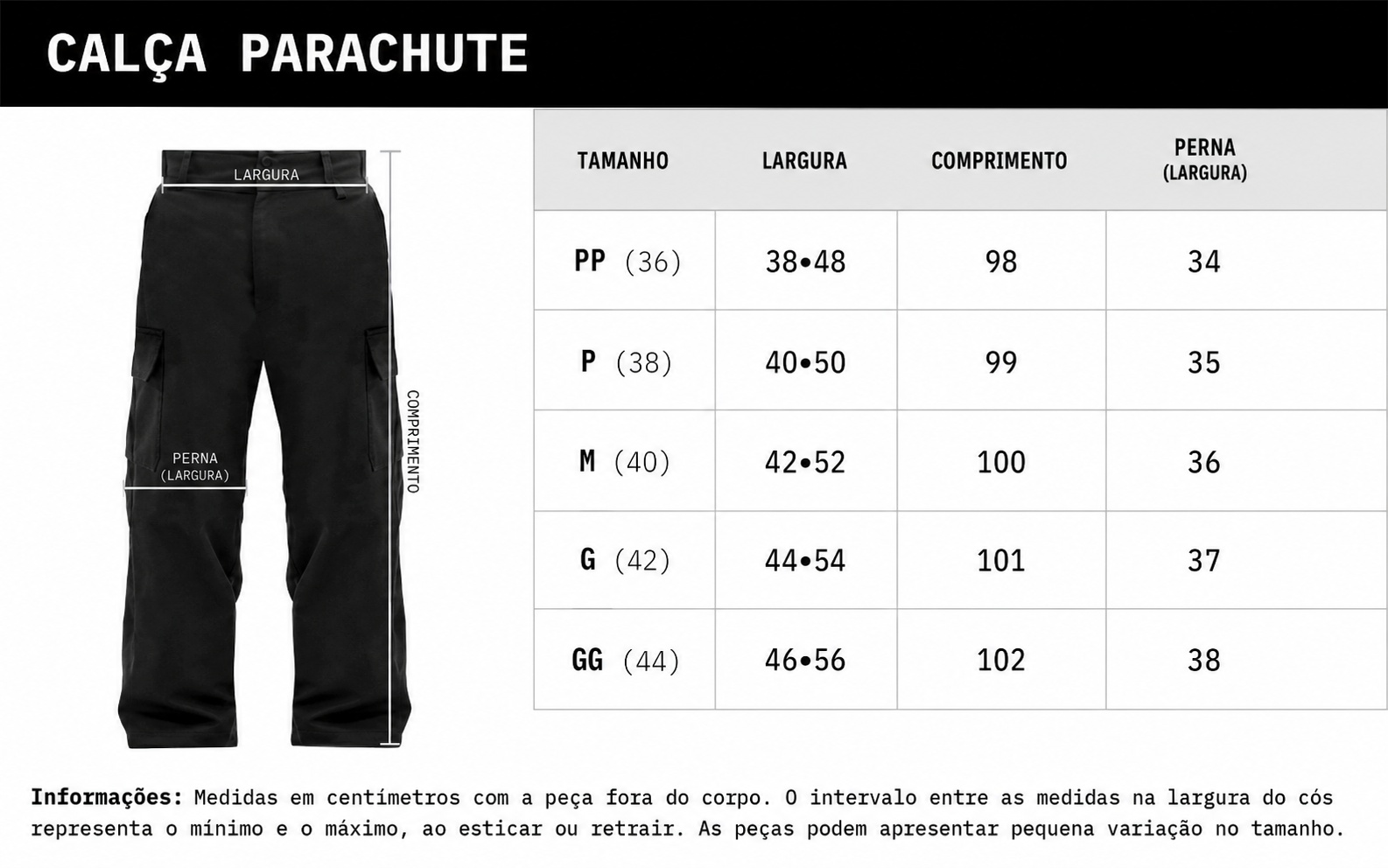 Tabela de Medidas Calça Parachute